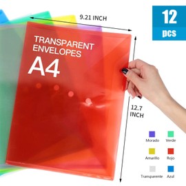 Carpeta de Plástico, A4 Sobres de Plástico con Cierre A Presión, 12 Piezas Folder Transparentes Plastico con Etiquetas para la Organización Escolar, Doméstica y de Oficina (6 Colores)