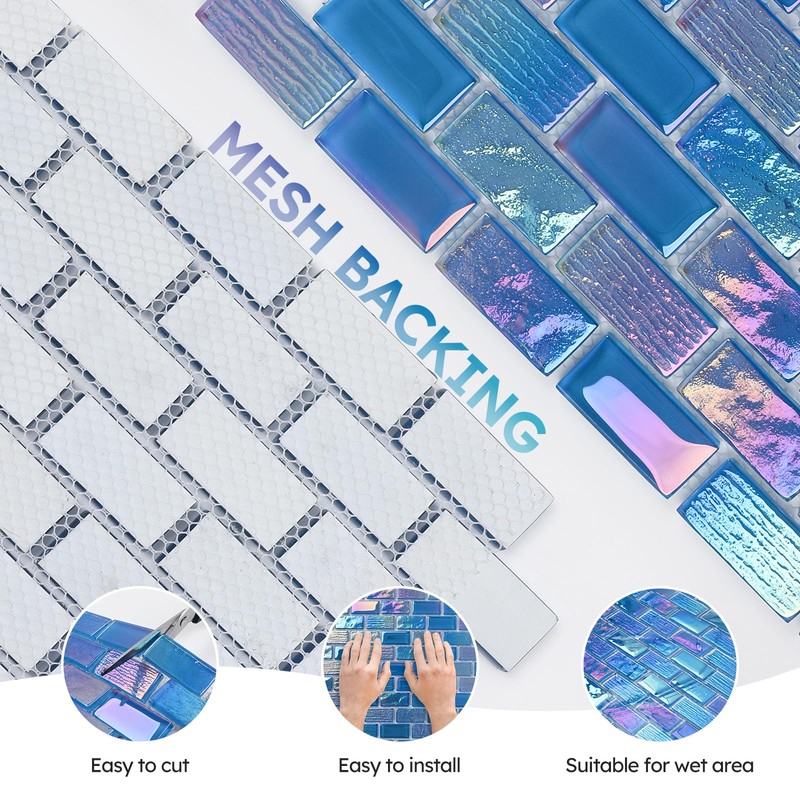 Diflart Glass Mosaic Tiles, Iridescent Blue, 1x2 Inch Brick, Glass