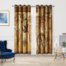 Jekeno World Map Blackout Curtains, Retro Nautical Middle Ages Decor, Vintage Anchor Rudder Compass Old Maps Theme Grommet Window Drapes for Bedroom Living Room, 52 Wide 84 Long inches 2 Panels