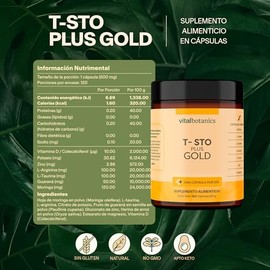 T-STO PLUS GOLD con Vitamina D, Potasio, Zinc, L-Arginina VITAL BOTANICS | 120 Cápsulas de 500 mg, L-Taurina, Guaraná y Moringa, Suplemento Alimentici