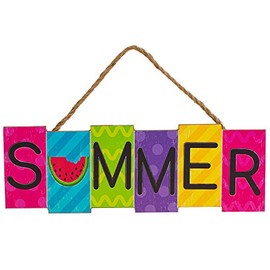 Summer Sign Colorful Wreath Decoration - 14" x 5", Pink, Turquoise, Green, Purple, Yellow, Watermelon, Wood Wall Decor, Front Door, Home, Kitchen