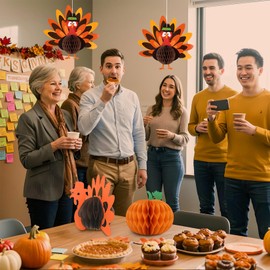 Fenyluxe Thanksgiving Honeycomb Decorations Set of 4, Pumpkin Centerpiece, 3D Turkey Table Decor and Hanging Turkey Ornaments Party Supplies for Fall Harvest Classroom Office and Dining Table