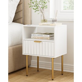 Aienvey Nightstand,Fluted Bedside Table with Gold Frame,White Nightstand,Bedside Furniture, Modern Side Table with Drawer and Shelf for Bedroom,Living Room