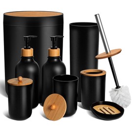 KASUNTING Black Bathroom Accessories Set 8 PCS, Matte Black Bathroom Accessory Sets Complete with Trash Can, Soap Dispenser and Toothbrush Holder Set, Soap Dish, Qtip Holders, Toilet Brush Holder