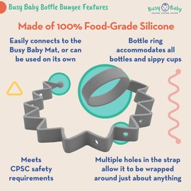 Busy Baby Bottle Bungee - Sippy Cup Strap - Keep Bottles and Sippy Cups Off The Floor - Great for Babies, Toddlers and Kids - Food Grade Silicone - Dishwasher Safe - Blue