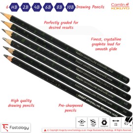 KOKUYO CAMLIN HB 2B 4B 6B 8B 10B Graded Drawing Pencils Finest Crystalline Graphite Lead Sketch Tone Draw Write Drawing Pack (HB 2B 4B 6B 8B 10B Grade Pencils + 1 x PATEL Black Ball Pen)