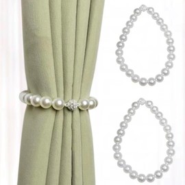 2PCS Pearl Curtain Tiebacks Clips, Magnetic Curtains Tie, The Most Convenient Drape Tie Backs, Curtain Holdbacks for Decorativing (White B)