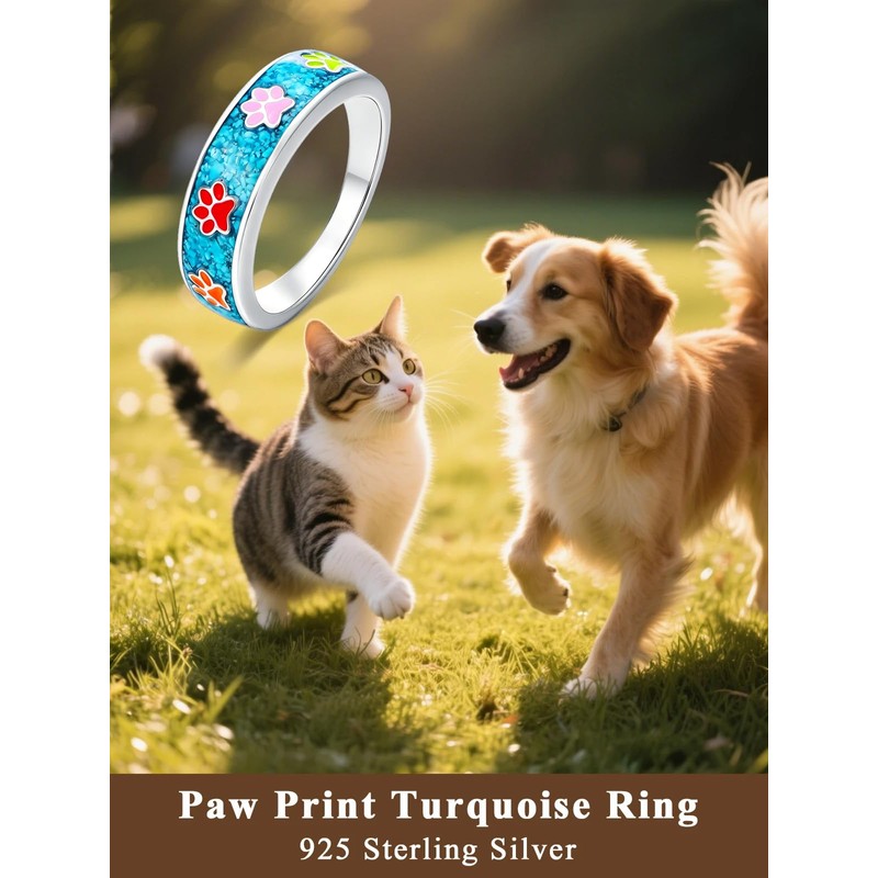 Lypic Turquoise Paw Print Ring 925 Sterling Silver Puppy Dog