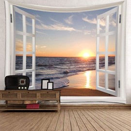 Homiest 3D Ocean Tapestry Wall Hanging Sun Sunset Sea Beach Landscape Tapestry Window Tapestries for Bedroom Living Room Home Decor 30x40 Inches