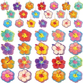 Epakh 40 Pcs Summer Luau Hibiscus Flower Ornaments for Tree Wood Colorful Hibiscus Flowers Wooden Hanging Tree Ornaments for Classroom School Summer Tropical Hawaiian Themed Birthday Party Baby Shower