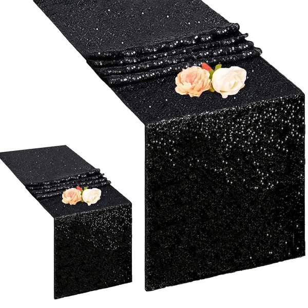 AMZLOKAE Sequin Table-Runner-2Pack-Black Table Runner-12x120 Inch Wedding Table Runners for