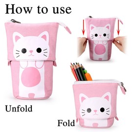 Telescopic Pencil Pouch Standing Pen Holder Cute Pencil Bags Stand Up Pen Case Cartoon Pencil/Pens Storage Box Canvas+PU Stationery Organizer Makeup Bag with Zipper Closure (Pink)