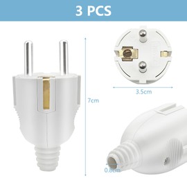 Schuko Plug Pack of 3 Plugs 250 V 10/16 A with Kink Protection, Schuko Plug with Strain Relief, Waterproof Power Plug, Protective Contact Plug