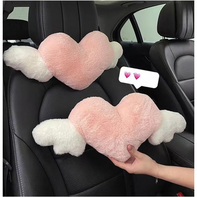 JOSON Heart-Shaped Angel Wings Car Headrest Set, 2-Piece, Soft Cushion,
