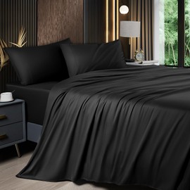 Shilucheng 4-Piece Queen Size Sheets Set，Blend of Rayon Derived from Bamboo_Sheets，Cooling & Breathable Bed Sheets, Silky Bedding Sheets & Pillowcases, 16 Inch Deep Pockets (Queen,Black)