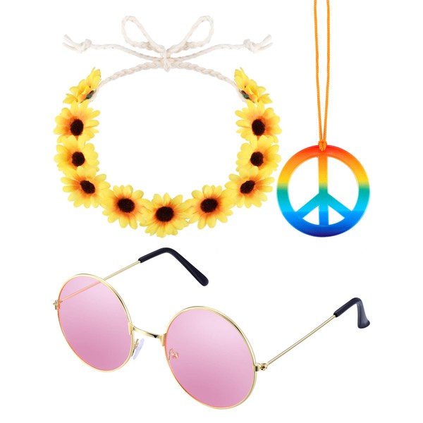3 Pieces Girls Hippie Costume Set Includes 1 Piece Rainbow Peace Sign Necklace, 1 Piece Flower Crown Headband and 1 Pair of Hippie Sunglasses