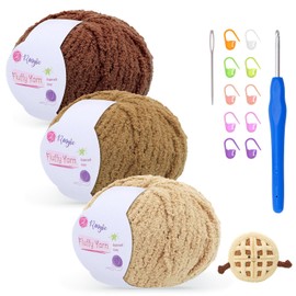 Fluffy Yarn for Crochet 50gx3 with 4mm Hook, Flutterby Chunky Yarn for Crochet, Soft Plush Chunky Thick Wool, Perfect for Baby Blankets & Amigurumi(3-Brown)