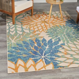 Nourison Aloha Indoor Outdoor Blue Green 5'3" x 7'5" Area Rug, Easy Cleaning, Non Shedding, Bed Room, Living Room, Dining Room, Backyard, Deck, Patio (5x7)