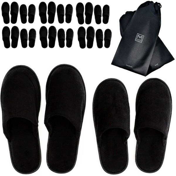 MODLUX Spa Slippers - 12 Pairs of Cotton Velvet Closed Toe Slippers with Travel Bags – Thick, Soft, Non-Slip, Disposable Slippers – 6 Medium and 6 Large - Home, Hotel, or Commercial Use (12 Pack Combo Black)