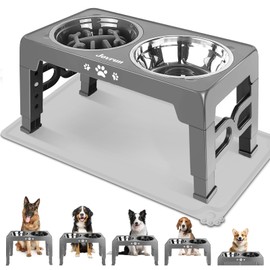 Jovrun Elevated Dog Bowls, Dog Feeder with Stainless Steel Dishes & Slow Feeder Bowl, 5 Heights Adjustable Raised Stand for Medium Large, Food Dishes with Non-Slip Feet
