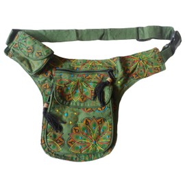 FAIR Trade Festival Boho Embroidered Cotton Travel Passport Bag Utility Hip Belt (Green)