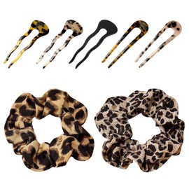 5 Pieces Of U-Shaped Hairpins, 2 Pieces Of Leopard Print Large Intestine Hair Ties, Simple And Fashionable French Hairpins, Women'S Bun, Hair Fixation Decoration
