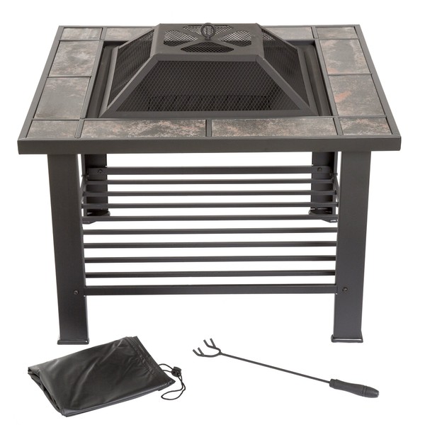 Fire Pit Set, Wood Burning Pit - Includes Screen, Cover and Log Poker - Great for Outdoor and Patio, 30 inch Square Marble Tile Firepit by Pure Garden, Black