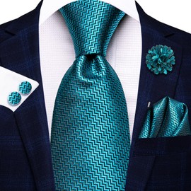 Hi-Tie - Juego de corbatas para hombre, diseño de rayas de cachemira de seda y solapa de flores, gemelos cuadrados para bodas y negocios, Verde azulado azul espiga, Regular