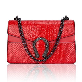 Crossbody Handbags for Women Snake Print Leather Shoulder Bag Chain Purse Satchel Evening Bag(New Red)