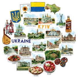 Navy Peony Resilient Ukraine Travel Stickers (28pcs) - Hand-Illustrated, Ukrainian Heritage-Themed Vacation Decals for Journals, Scrapbooks, Luggage