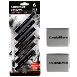 XQIGI Compressed Charcoal Sticks 6 PCS, Kneaded Rubber Erasers Large Size 2 Pack, Square Vine Charcoal Rod Set of 8 for Back to School DIY Drawing Crafts, Sketching, Shading, Beginners and Artists