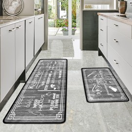 Voanos Grey Kitchen Rugs,Non Skid Washable Microfiber Kitchen mats for Floor, Kitchen Rules Theme Kitchen Cushioned Runner Rug Decor Sets of 2,Size 17"x 47"+17"x 30"