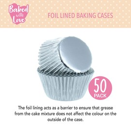 Baked with Love Pink Foil Baking Cases, Foil Baking Cups, Greaseproof Cupcake Cases, Classic Pink - Pack of 50