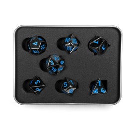 shibby 7 Polyhedral Metal Dice - Chrome Plated - for Tabletop and Role Play - Includes Storage Box - Blue
