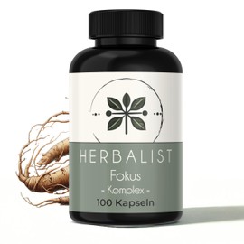 Herbalist Fokus Komplex – 100 Kapseln mit Ginseng, Rhodiola, Koffein, L-Tyrosin, Brahmi & Ginkgo – Natürliche Rezeptur für den Alltag, laborgeprüft, ohne Zusätze
