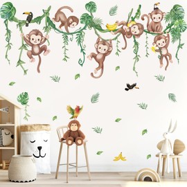 wondever Jungle Monkey Climbing Vines Wall Stickers Jungle Animals Vine Tropical Leaves Peel and Stick Wall Art Decals for Baby Nursery Kids Room Living Room