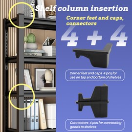 Terixe Post Inserts Connectors - PP Plastic, Injection Molded, Sturdy Support - Black, 4 Post Corner Connectors and 4 Post Caps, Compatible with Whalen and Costco 5 Shelf Shelving Unit