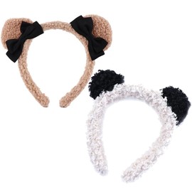 Pokinge 2 Pcs Cartoon Bear Panda Ear Hairband, Sweet Plush Headband Washing Face Hair Hoop, Cute Animal Head Shower Headdress for Girls