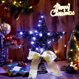 Sumind 12 Inch Christmas Tree Topper Glittered Star Treetop Ornaments with Bow and 30 LED String Light for Christmas Tree Indoor Holiday Party Decoration(Black)