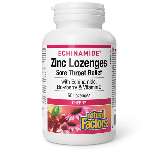 Natural Factors Zinc Lozenges, 60 lozenges, Cherry Flavour, with Echinamide,