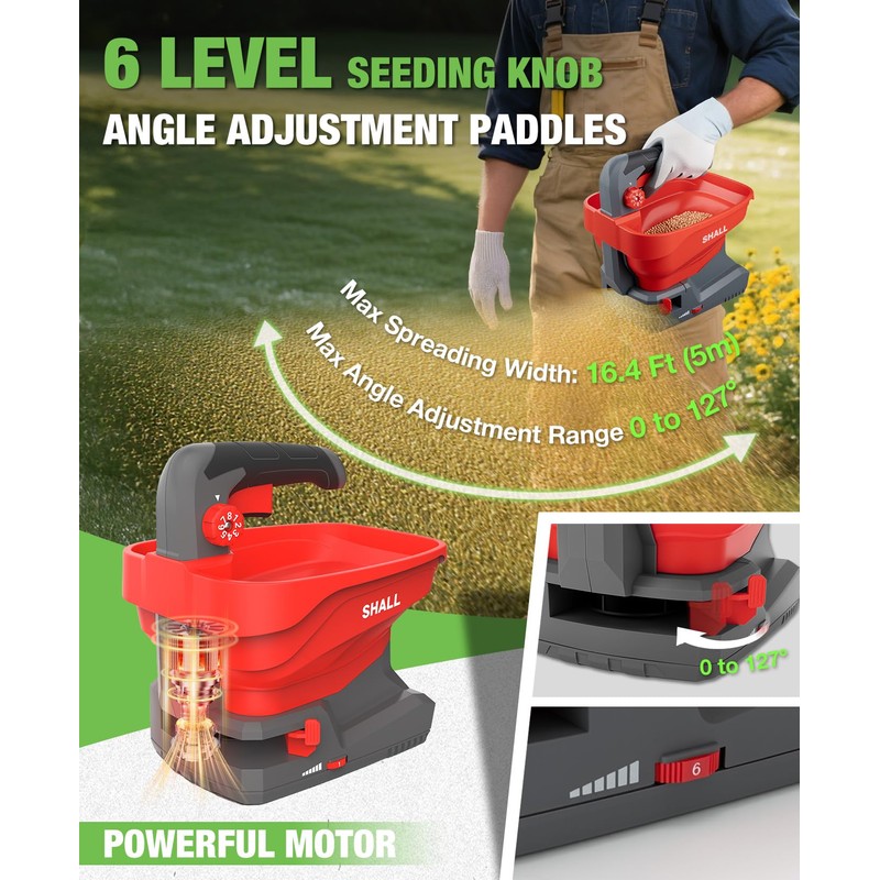 SHALL Battery Powered Fertilizer Spreader, 7.2V Rechargeable Seed Spreader for