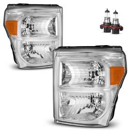 Unbranded Pair Headlights For 2011-2016 Ford F250 F350 F450 Super Duty Halogen w/ Bulbs - Chrome,Amber Reflector