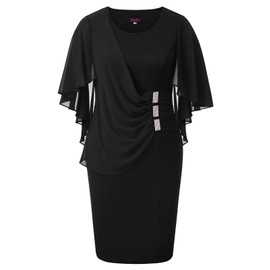 Hanna Nikole Women's Elegant Sleeveless Sheath Black Cape Dress with Chiffon Overlay Large