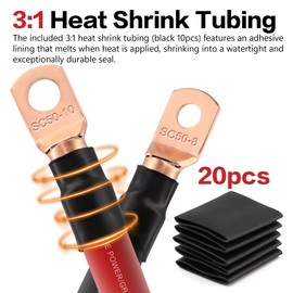 40FT 1/0 Gauge Wire (20Feet Black+20Feet Red) CCA Clad Aluminum Primary Automotive Wire Power/Ground， Lugs Terminal,20pcs Heat Shrink Tubing for Auto,Amplifier,RV,Battery Cable