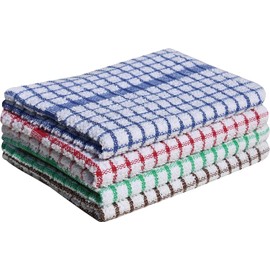 QCS Pack of 10 Monocheck Terry Tea Towel, 100% Combed Organic Cotton, Ultra Absorbent - SuperDry, Lint Free, High Density Weave Construction, Jumbo Size (46cm x 67cm) (assorted, 10)