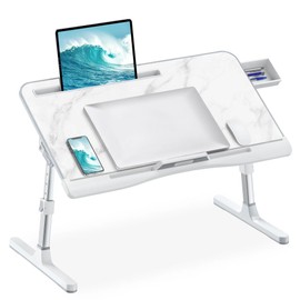 HETTHI Laptop Bed Tray Table, Adjustable Sturdy Laptop Stand for Bed with Premium Materials, Folding Portable Lap Desk with Drawer for Writing Working Reading Eating Couch Floor (Marble, 23.6"×14")