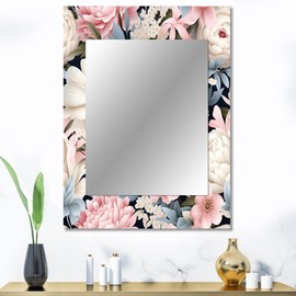 DesignQ Whispering Subtlety II Floral Wall Mirror, Printed Beige Wall Mirror, Traditional Bathroom Wall Mirror, Decorative Floral Mirror - 30x40 Inches