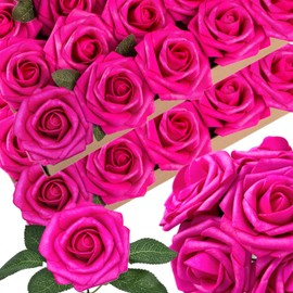 50 piezas de flores artificiales rosa fuerte, rosas falsas de espuma fucsia con tallos de 12 hojas, de aspecto real, rosas rosa oscuro falsas para ramos de boda, despedidas de soltera, centros de mesa