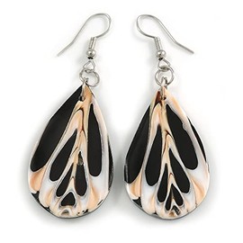 60mm L/Black/White/Cream Teardrop Shape Sea Shell Earrings/Handmade/Slight Variation In Colour/Natural Irregularities