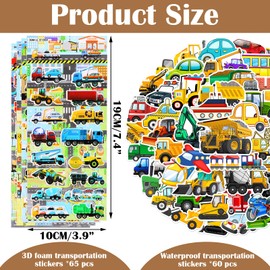 Wisebom 3D Stickers for Children, 4 Sheets Puffy Stickers Children 3D and 60 Pieces Cartoon Vehicles Stickers, Vehicle Digger Reward Stickers for Party Bags Children's Birthday Party Favours Party